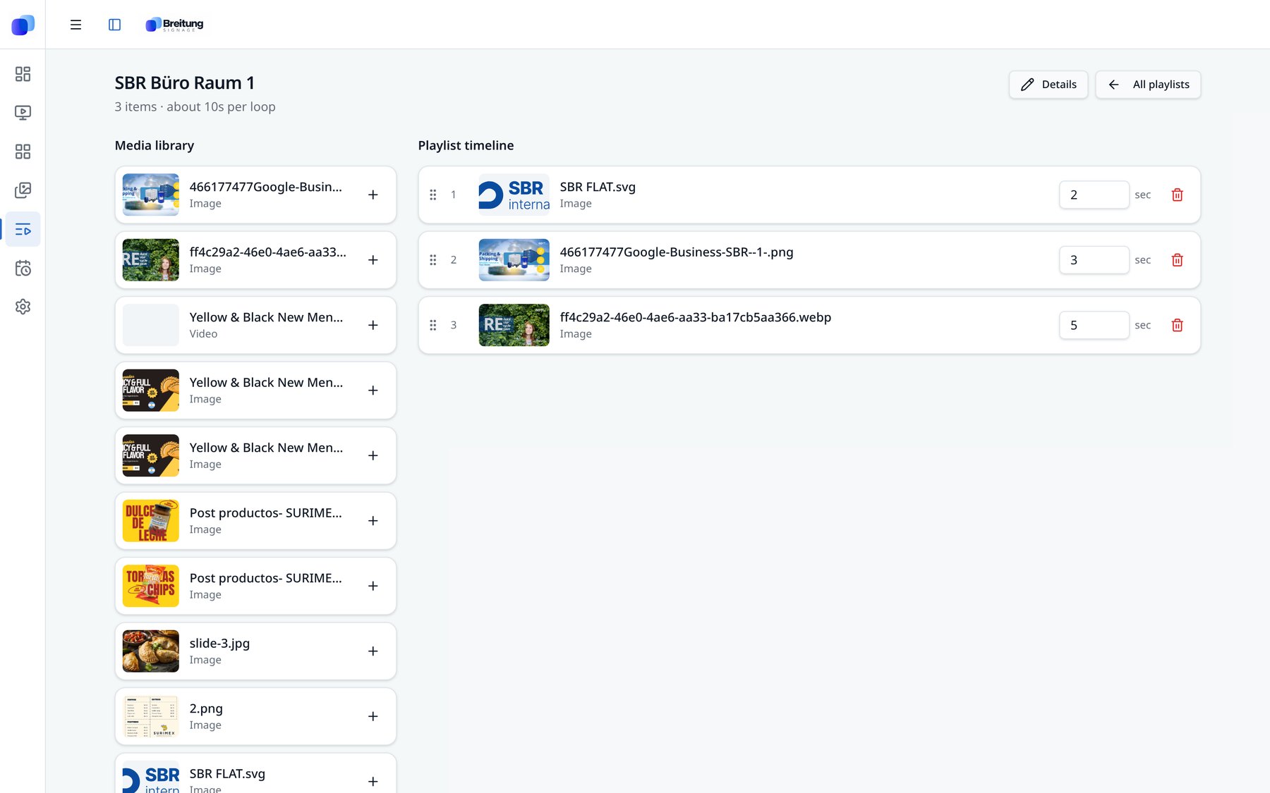 Breitung Signage playlist editor with a media list and playlist timeline