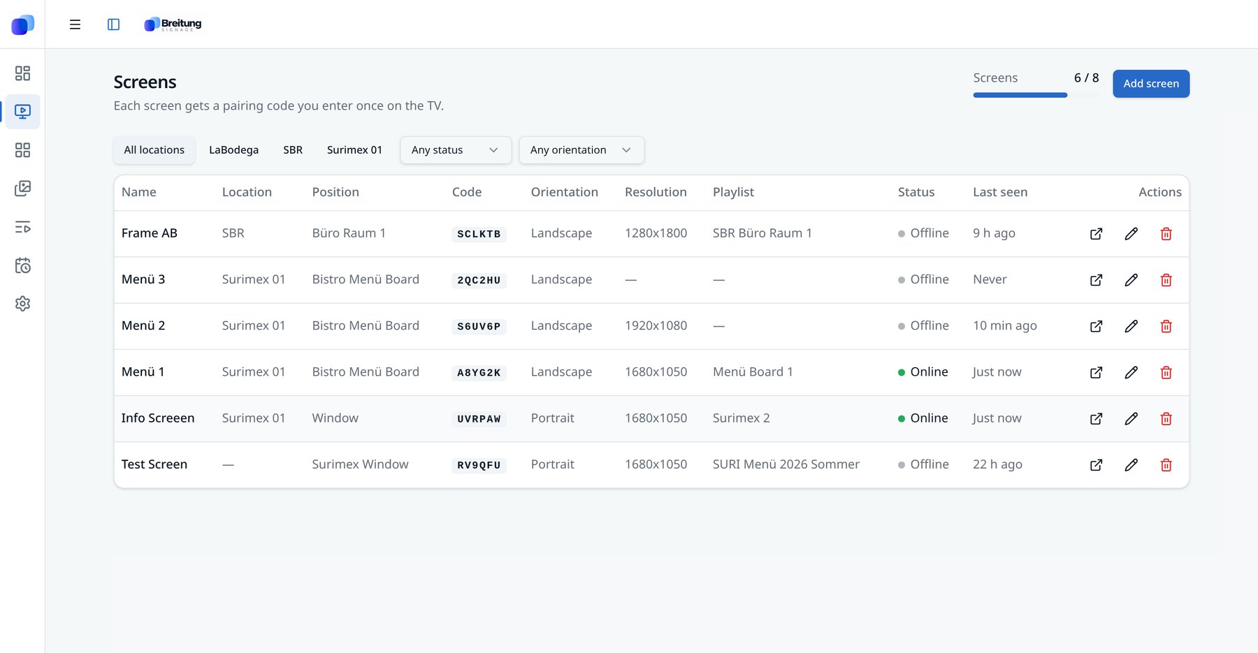 Breitung Signage screens overview with pairing codes, locations and live status